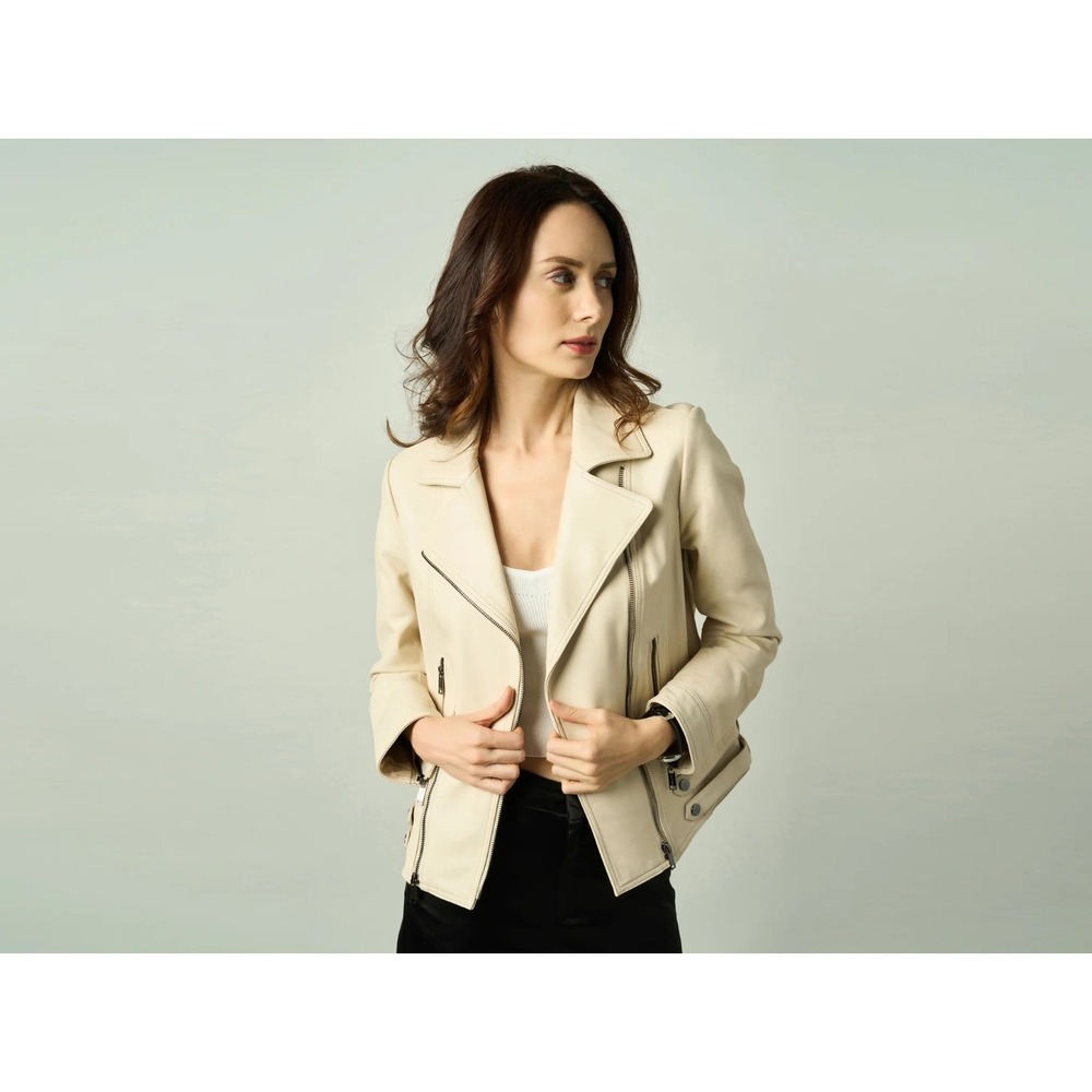 New Bolvaint Paris Camile Lamb Leather Moto Womens S Jacket Cream soft $3400